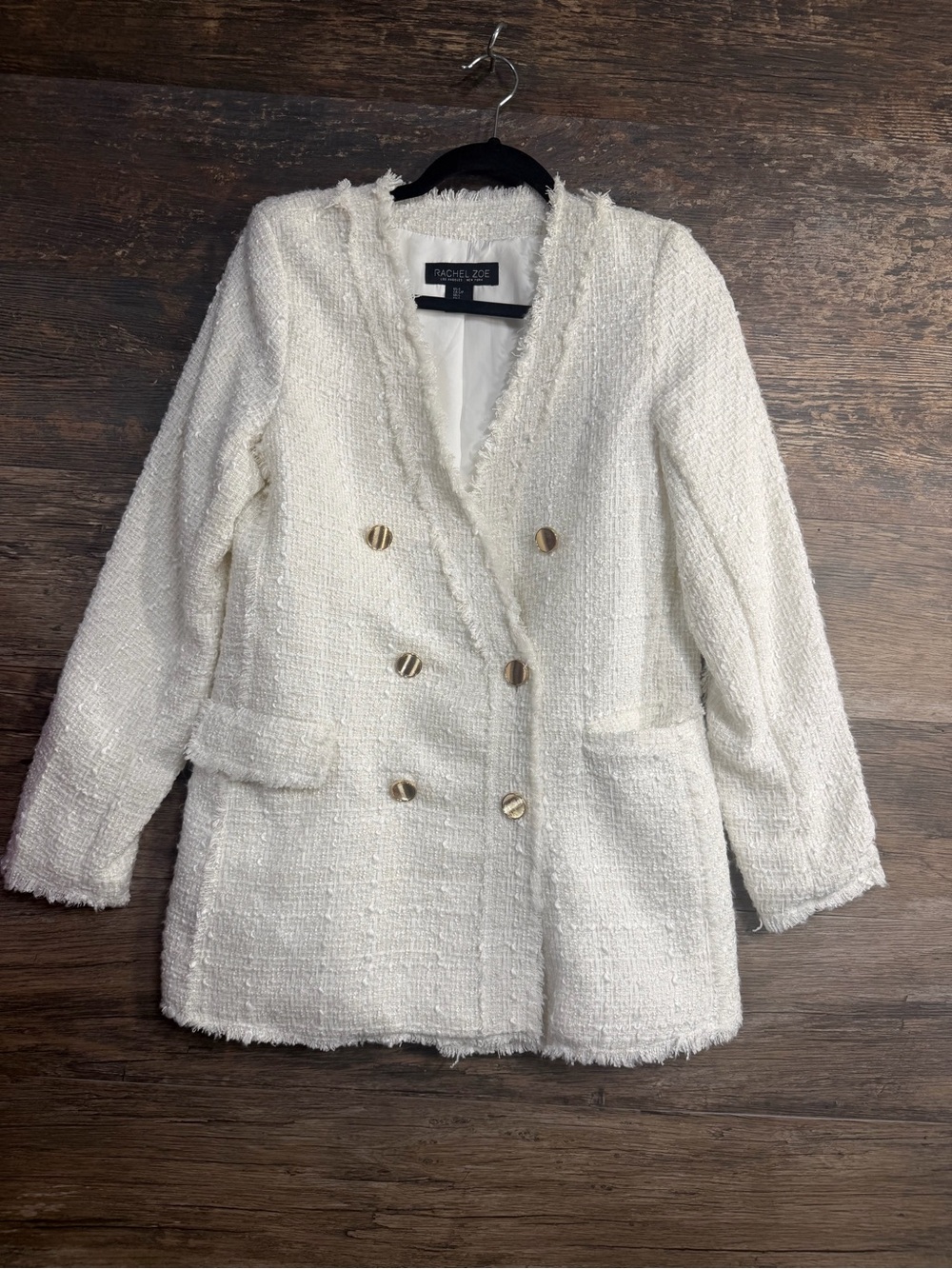 Rachel Zoe Ivory Bouclé Double-Breasted Blazer with Gold Buttons